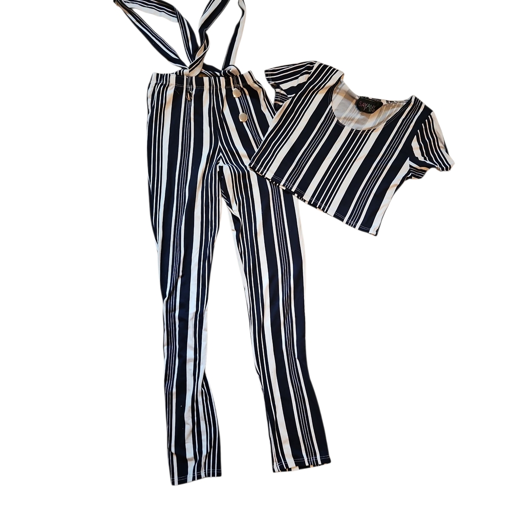 Navy Blue and White Striped Jumpsuit with Vertical Pattern